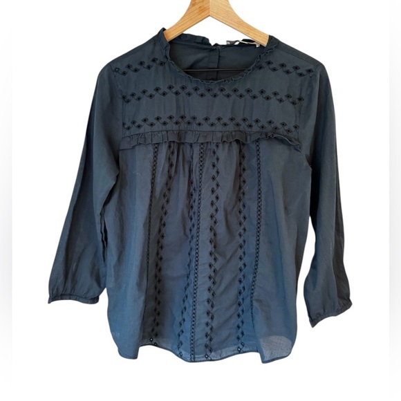 Ann Taylor Loft Deep Blue Eyelet Ruffle Peasant Blouse 100% Cotton Size M - Picture 1 of 6